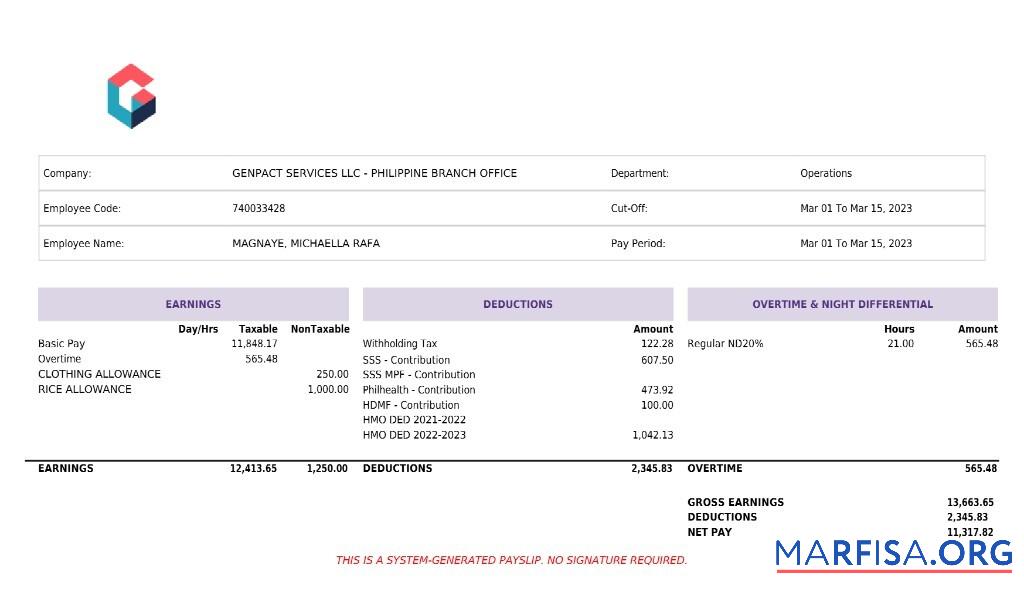 Printable Genpact Services artificial intelligence payslip sample